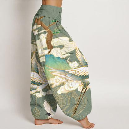 Mythstone Flying Cranes Auspicious Clouds Tree women's Elastic Waist Harem Pants