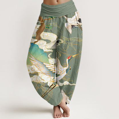 Mythstone Flying Cranes Auspicious Clouds Tree women's Elastic Waist Harem Pants