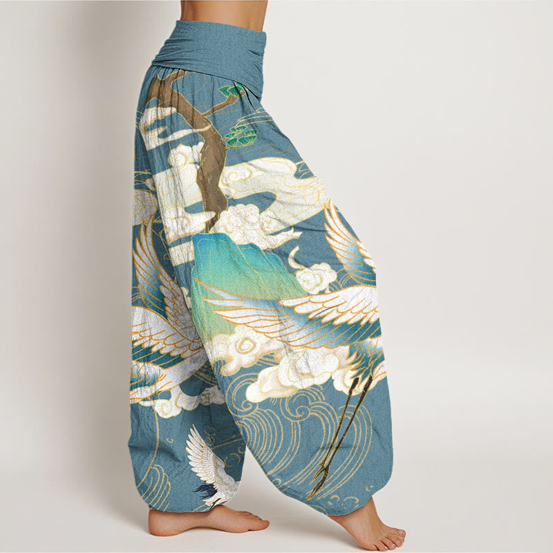 Mythstone Flying Cranes Auspicious Clouds Tree women's Elastic Waist Harem Pants