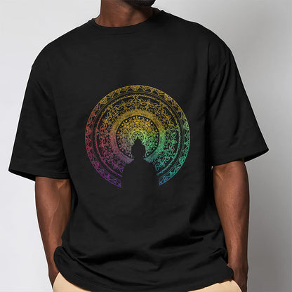 Mythstone Colorful Gradient Mandala Buddha Cotton Tee T-shirt