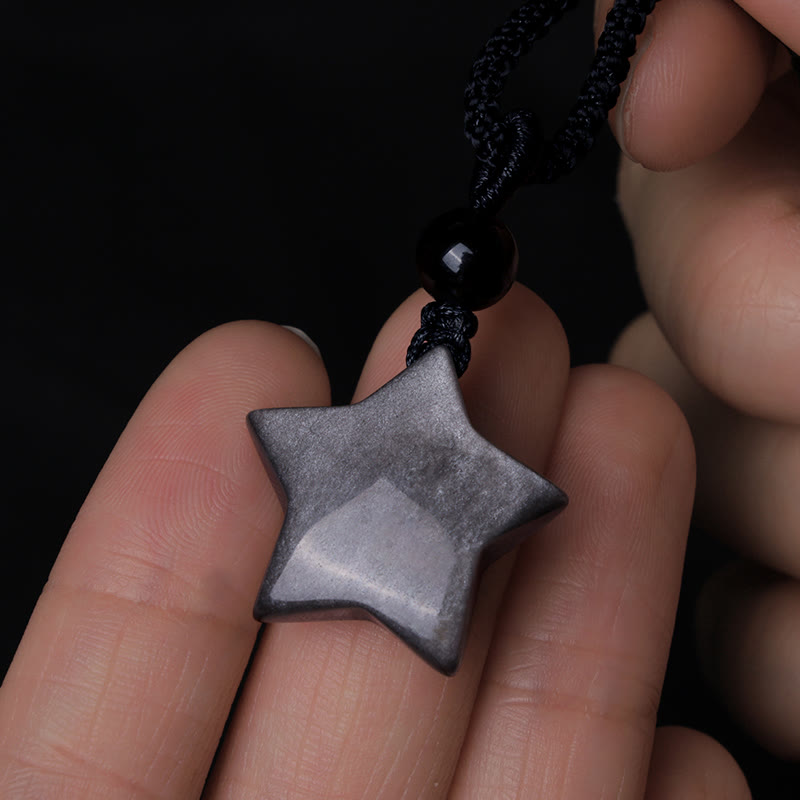 Collar con colgante de protección de luna creciente y estrella de obsidiana con brillo plateado natural Mythstone