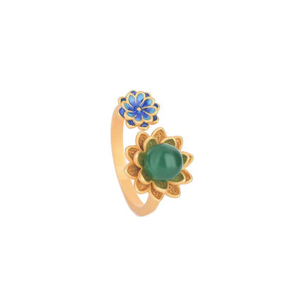 Mythstone Lotus Pattern Jade Abundance Adjustable Ring