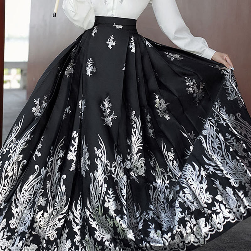 Mythstone Flowers Leaves Feathers Long Sleeve Shirt Top Chinese Hanfu Ming Dynasty Horse Face Skirt Mamianqun Skirt