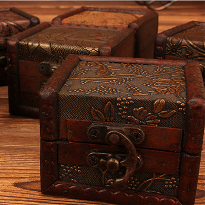 Mythstone Retro Small Square Wood Jewelry Box Lotus Grass Flower Grape Copper Coin Daffodil Jewelry Storage Box