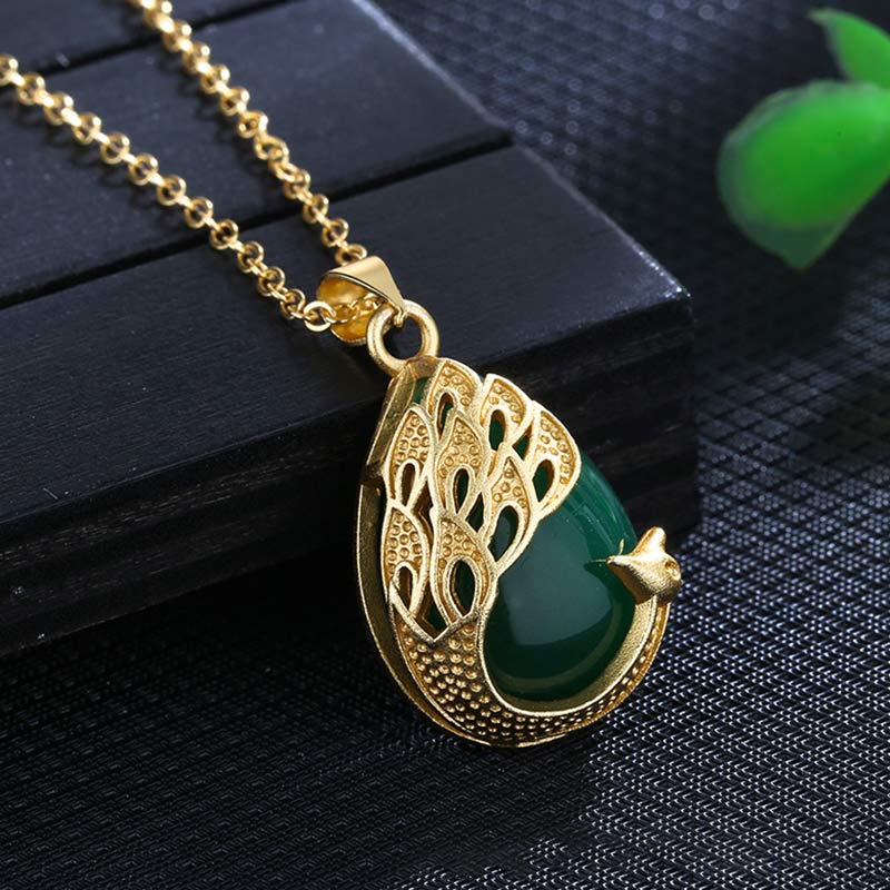 Mythstone Pink Crystal Green Chalcedony Peacock Copper Soothing Love Necklace Pendant