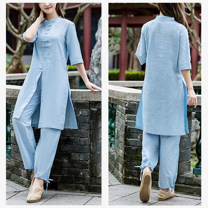 Mythstone 2Pcs Half Sleeve Shirt Top Pants Meditation Zen Tai Chi Linen Clothing Women's Set