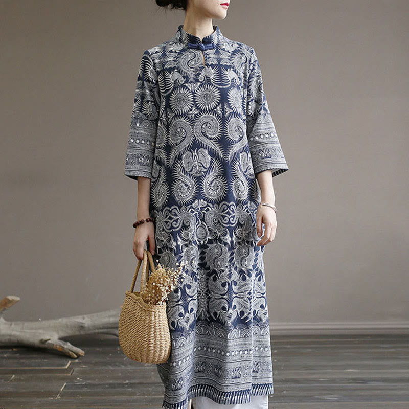 Mythstone Blue And White Porcelain Pattern Frog-button Midi Dress Three Quarter Sleeve Linen Batik Dress With Pockets