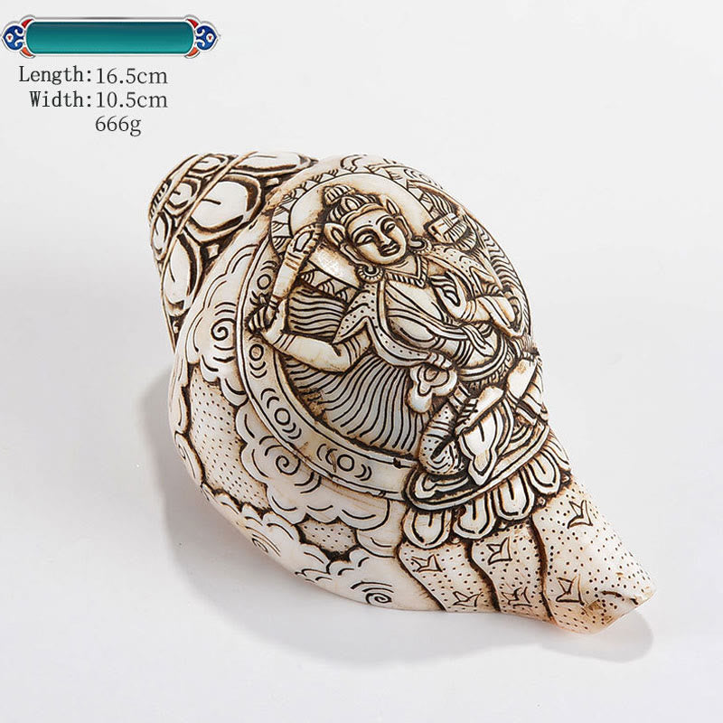 Mythstone Tibetan Handmade Engraved Shankha Buddha Avalokitesvara Conch Shell Wealth Decoration