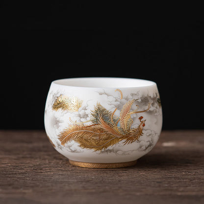 Mythstone Phoenix Dragon Lotus Deer Ancient Building Koi Fish Ceramic Teacup Kung Fu Tea Cups