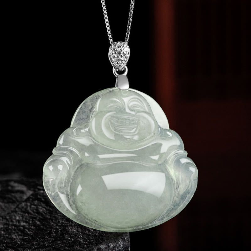 Mythstone 925 Sterling Silver Natural Jade Laughing Buddha Prosperity Abundance Chain Necklace Pendant