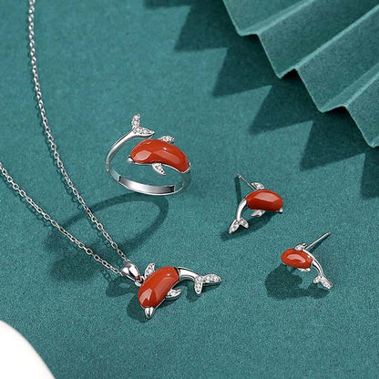 Mythstone 925 Sterling Silver Cute Dolphin Hetian Jade Red Agate Luck Necklace Pendant Ring Earrings Set