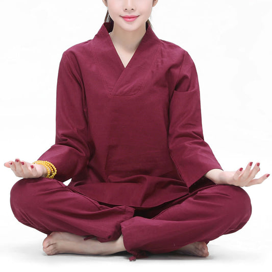 Mythstone Zen Practice Yoga Meditation Prayer V-neck Design Uniform Cotton Linen Clothing Women's Set