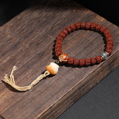 Mythstone Tibet Rudraksha Bodhi Seed Dzi Bead Lucky Cat Dancing Lion Wealth Bracelet Wrist Mala