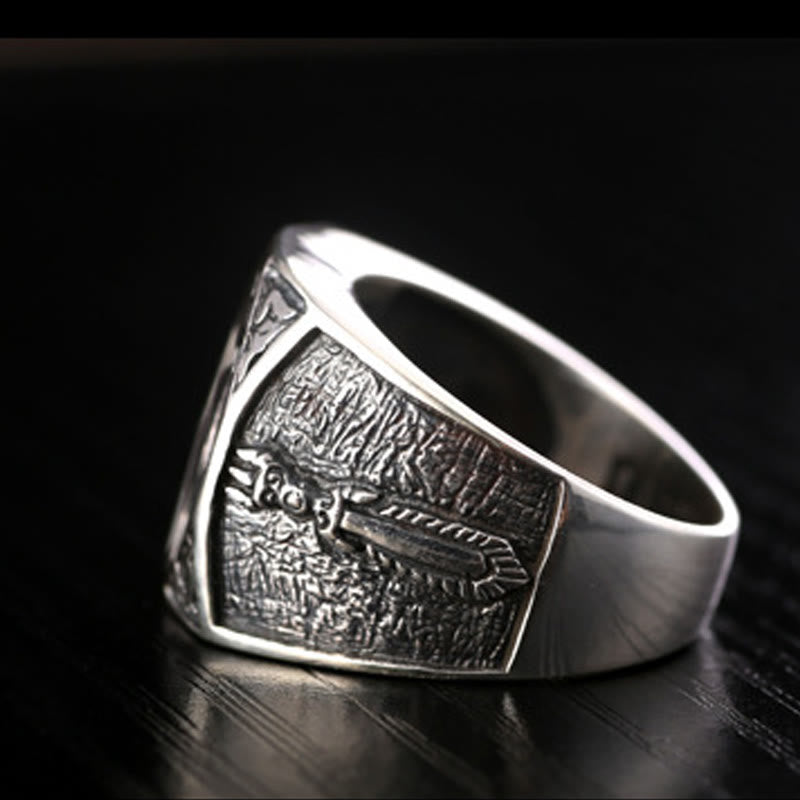 Anillo ajustable de protección tallado con diseño sánscrito en plata de ley 925 Mythstone