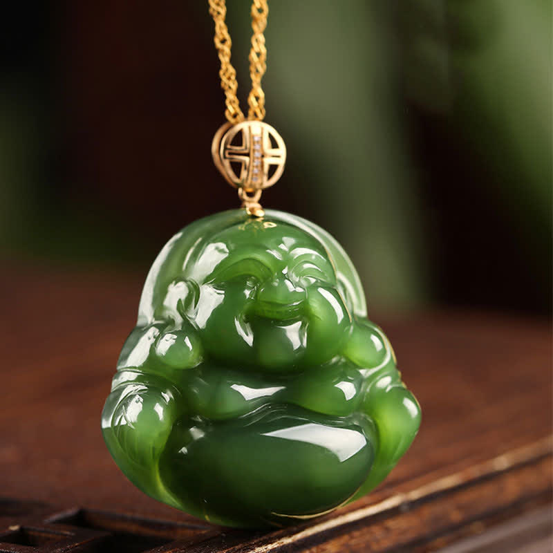 Mythstone 925 Sterling Silver Laughing Buddha Hetian Cyan Jade 18K Gold Success Necklace Chain Pendant