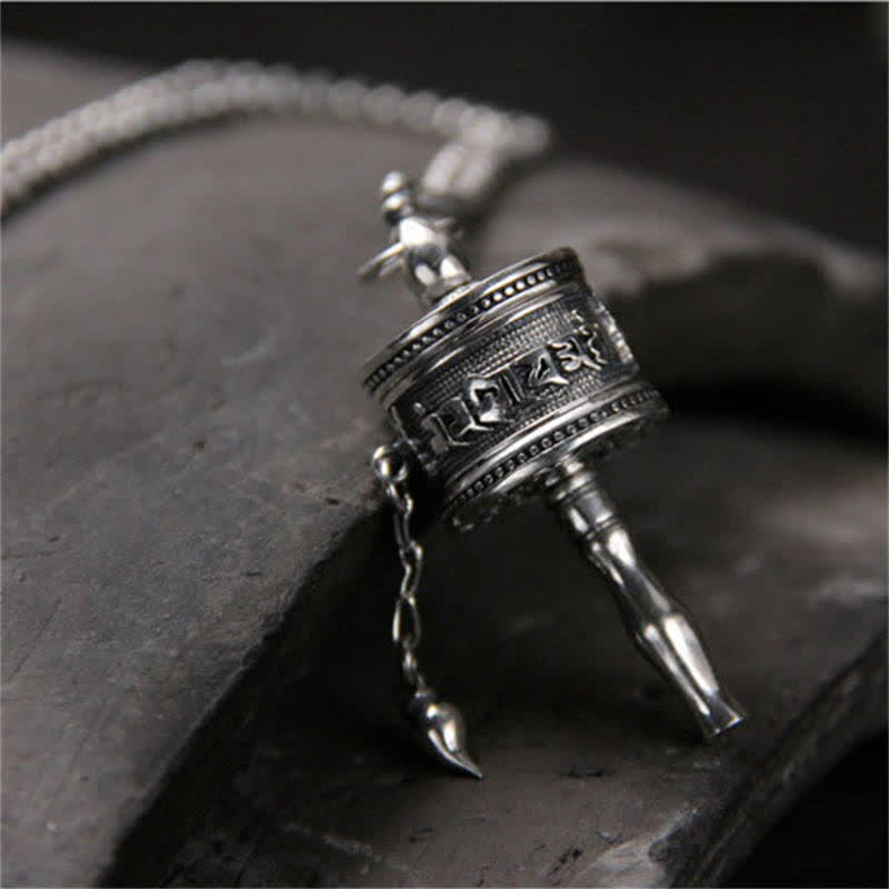 Mythstone 925 Sterling Silver Om Mani Padme Hum Prayer Wheel Purity Rotatable Necklace Pendant