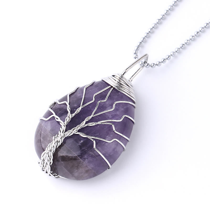 Mythstone Natural Quartz Crystal Tree Of Life Healing Energy Necklace Pendant