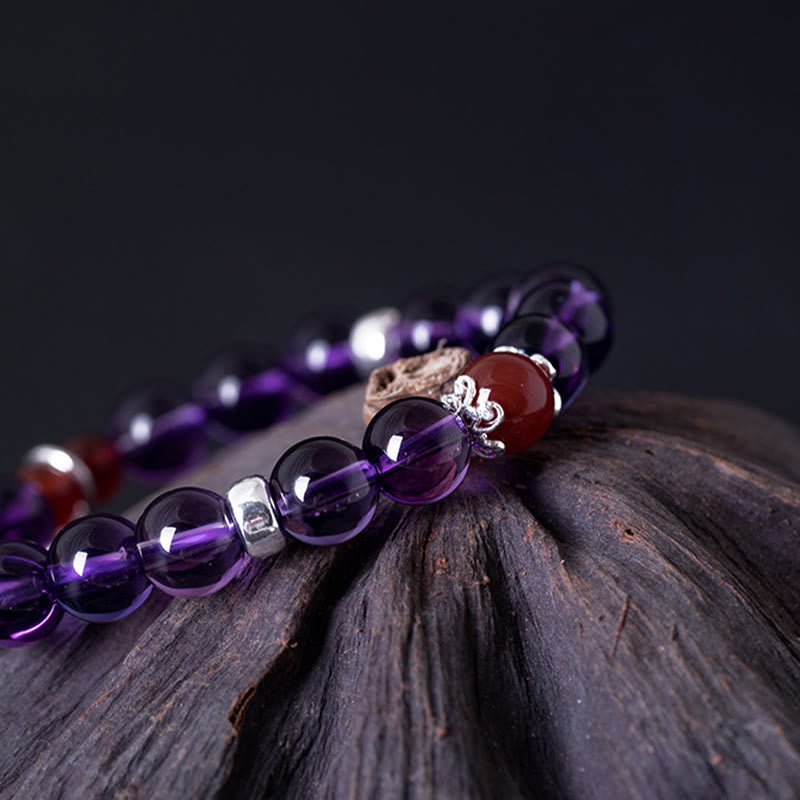 Mythstone 925 Sterling Silver Natural Amethyst Red Agate Lotus Positive Bracelet