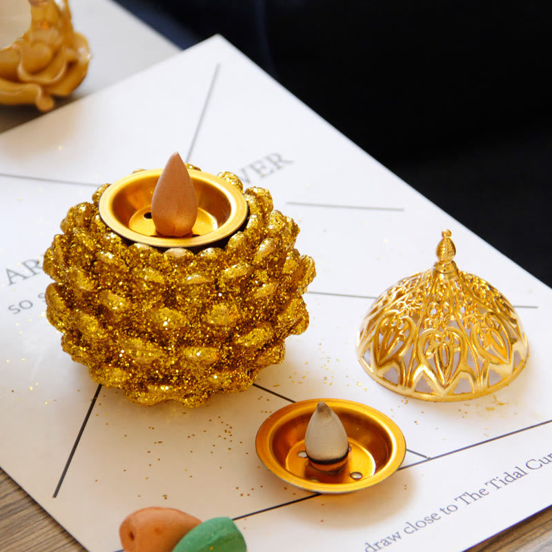 Mythstone Gold Pine Cone Pattern Spiritual Rituals Mini Incense Burner Home Tabletop Decor