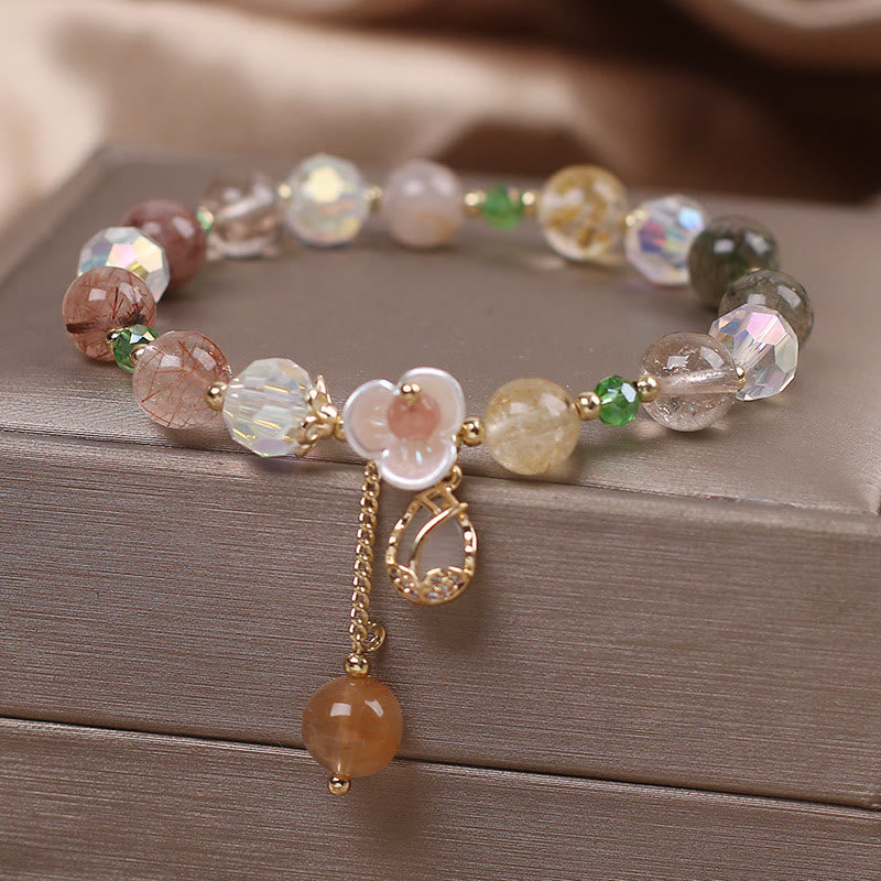 Mythstone Strawberry Quartz Rutilated Quartz Fluorite Flower Healing Bracelet