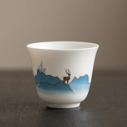 Mythstone Lotus Flower Leaf Mountain Pavilion Elk Peony Ceramic Teacup Kung Fu Tea Cup