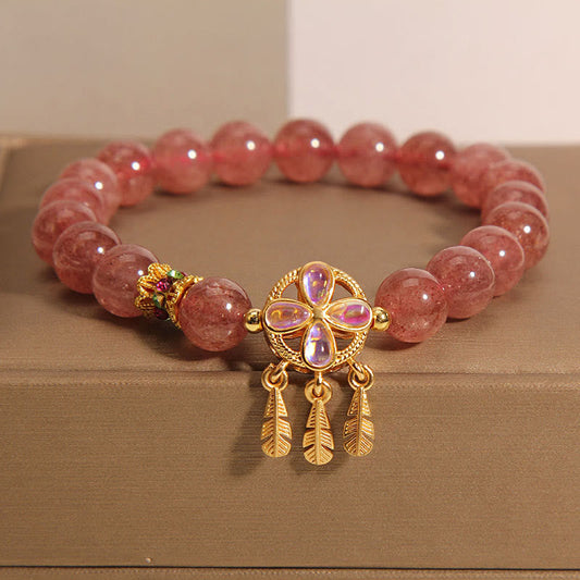 Mythstone Natural Strawberry Quartz Four Leaf Clover Dreamcatcher Charm Love Bracelet