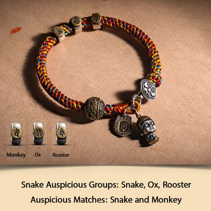 Mythstone Handmade Tibetan 925 Sterling Silver Chinese Zodiac Natal Buddha Zakiram Goddess of Wealth Protection Multicolored Rope Braided Bracelet