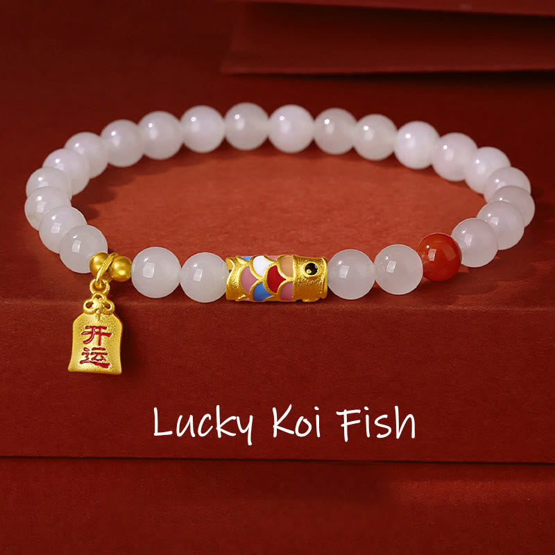 Pulsera de plata de ley 925 con diseño de pez koi, jade blanco hetiano, ágata roja y suerte