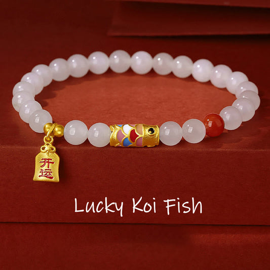 Mythstone 925 Sterling Silver Hetian White Jade Red Agate Koi Fish Luck Happiness Bracelet