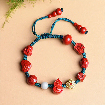 Mythstone Natural Cinnabar Gourd Om Mani Padme Hum Laughing Buddha Blessing String Bracelet