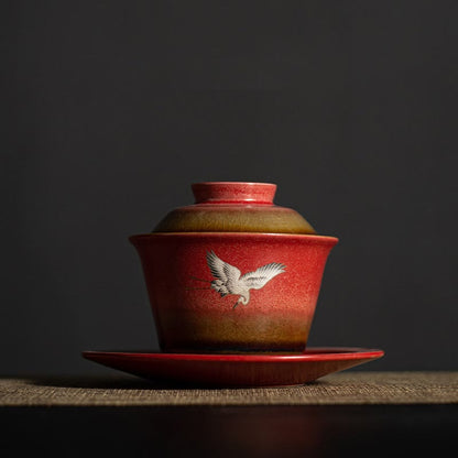 Mythstone Red Auspicious Crane Ceramic Gaiwan Sancai Teacup Kung Fu Tea Cup And Saucer With Lid