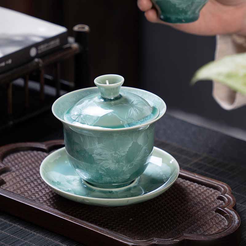 Mythstone Traditional Glaze Ceramic Gaiwan Sancai Teacup Kung Fu Tea Cup And Saucer With Lid 180ml