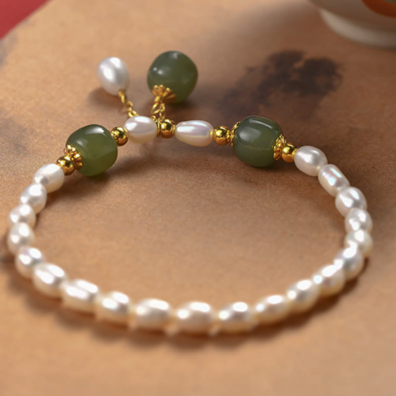 Mythstone 925 Sterling Silver Natural Pearl Hetian Jade Healing Bracelet