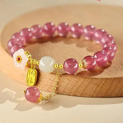 Mythstone Strawberry Quartz Fu Character Pink Crystal Healing Bracelet