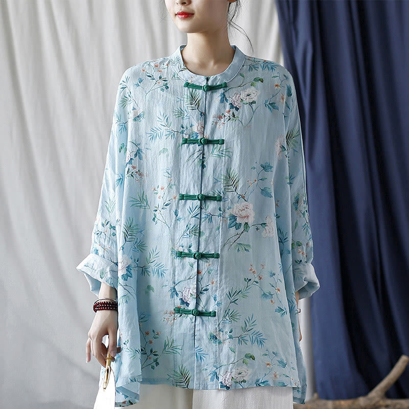 Mythstone Light Green Pink Flowers Green Leaves Frog-Button Long Sleeve Ramie Linen Jacket Shirt