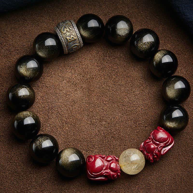 Mythstone Gold Sheen Obsidian PiXiu Cinnabar Om Mani Padme Hum Protection Bracelet