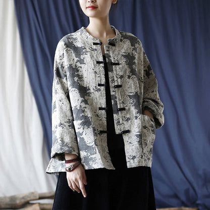 Mythstone Black Gray Print Frog-button Design Long Sleeve Cotton Linen Jacket Shirt With Pockets