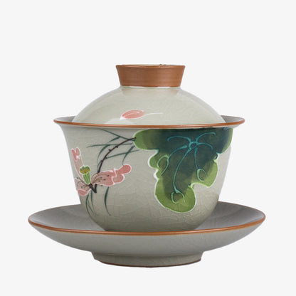 Mythstone Lotus Koi Fish Pod Leaf Ceramic Gaiwan Sancai Teacup Kung Fu Tea Cup And Saucer With Lid 140ml