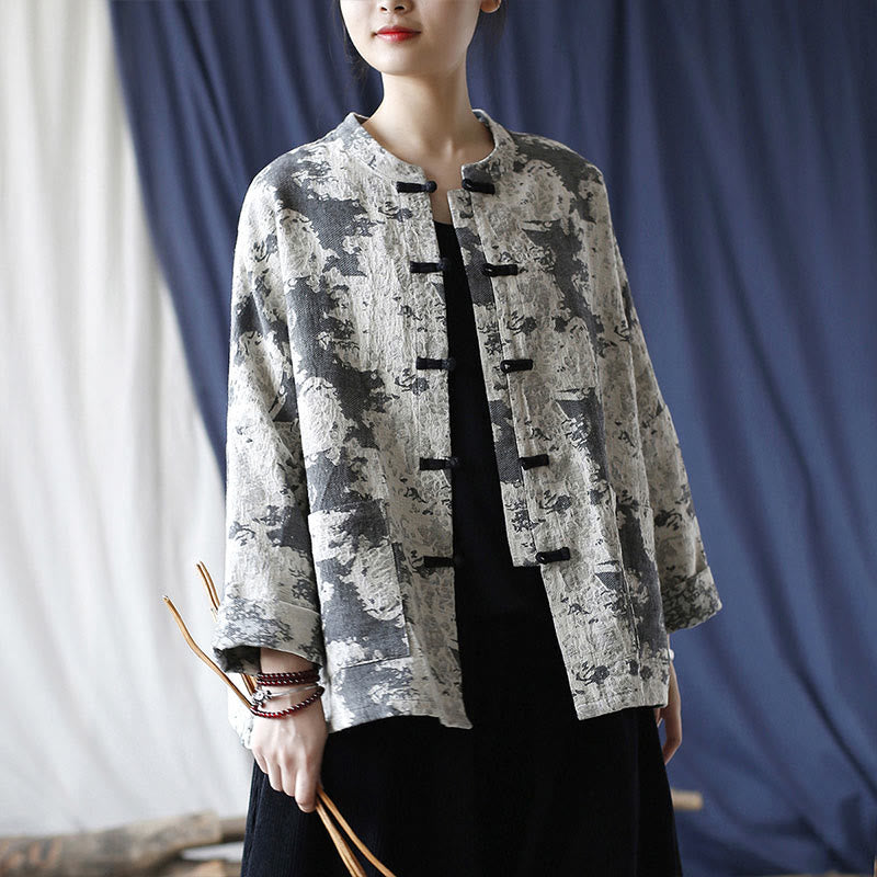 Mythstone Black Gray Print Frog-button Design Long Sleeve Cotton Linen Jacket Shirt With Pockets