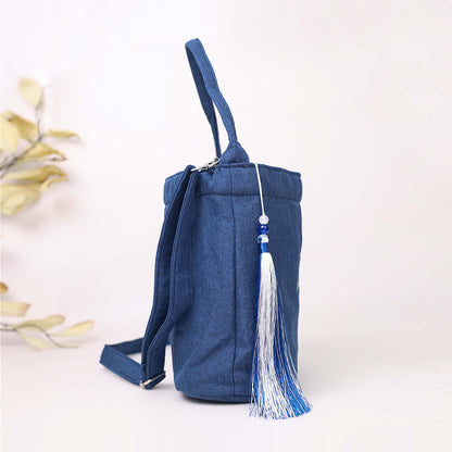 Mythstone Embroidery Wisteria Plum Lotus Cherry Blossom Cotton Linen Canvas Tote Crossbody Bag Shoulder Bag Handbag