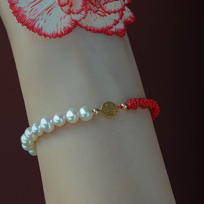 Mythstone 14K Gold Plated Pearl Bead Luck Protection Braid Red String Bracelet