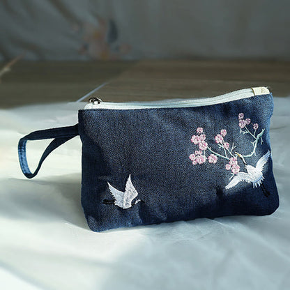 Mythstone Small Flower Plum Cherry Crane Peach Blossom Embroidery Canvas Wallet Shopping Purse