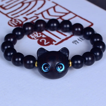 Pulsera de equilibrio de paz con forma de gato encantador de madera de ébano y cristal de Liuli Mythstone 