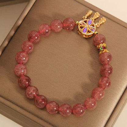 Mythstone Natural Strawberry Quartz Four Leaf Clover Dreamcatcher Charm Love Bracelet