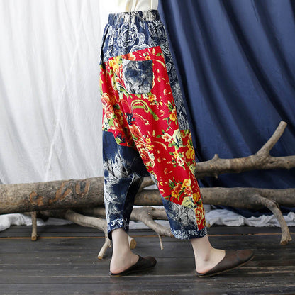 Mythstone Blue Red Peony Flowers Patchwork Cotton Linen Harem Pants With Pockets