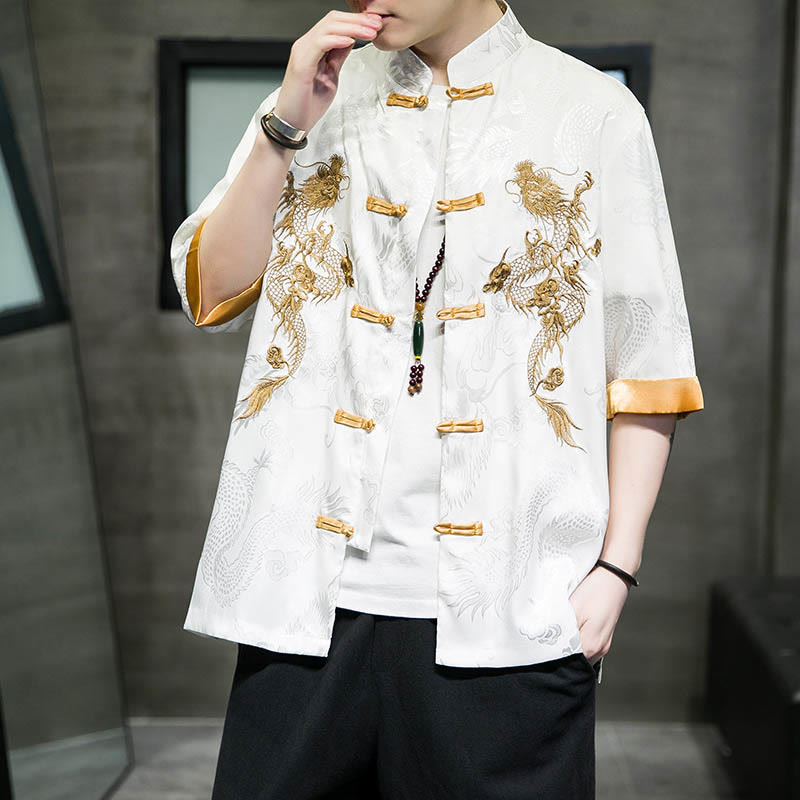 Mythstone Frog-Button Chinese Dragon Embroidery Half Sleeve Shirt Linen Men Clothing