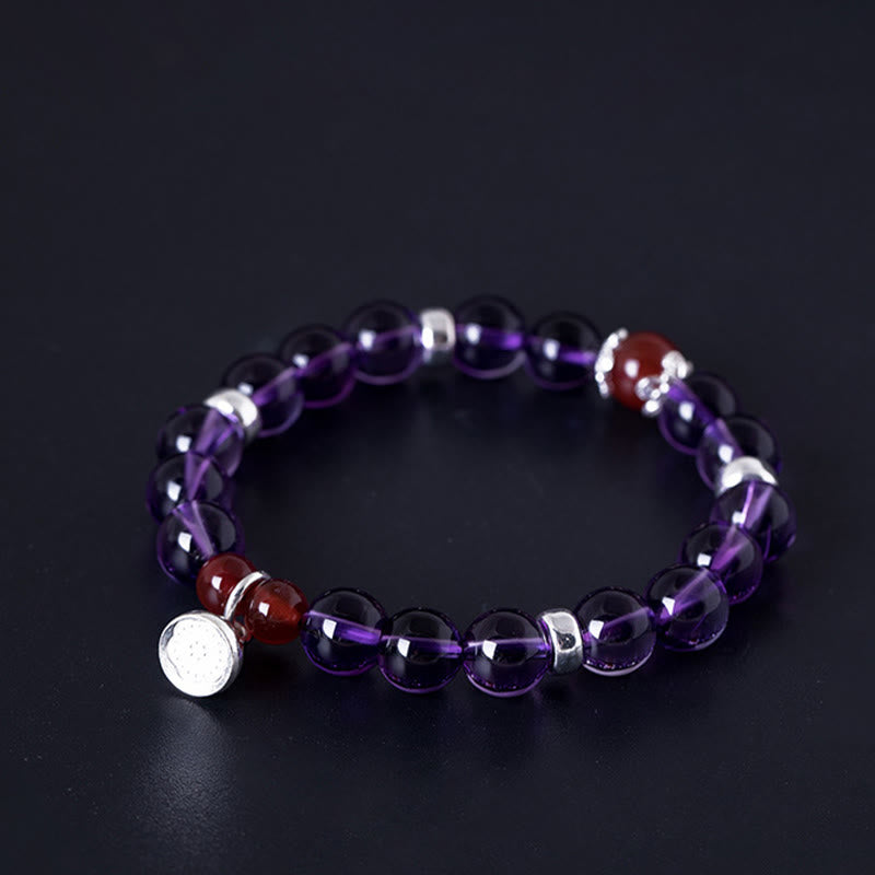 Mythstone 925 Sterling Silver Natural Amethyst Red Agate Lotus Positive Bracelet