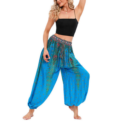 Mythstone Peacock Feather Pattern Loose Harem Trousers Women's Yoga Pants