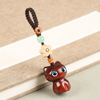 Mythstone Mini Small Leaf Red Sandalwood Ebony Wood Lucky Cat Lovely Kitty Peace Key Chain Phone Hanging Decoration