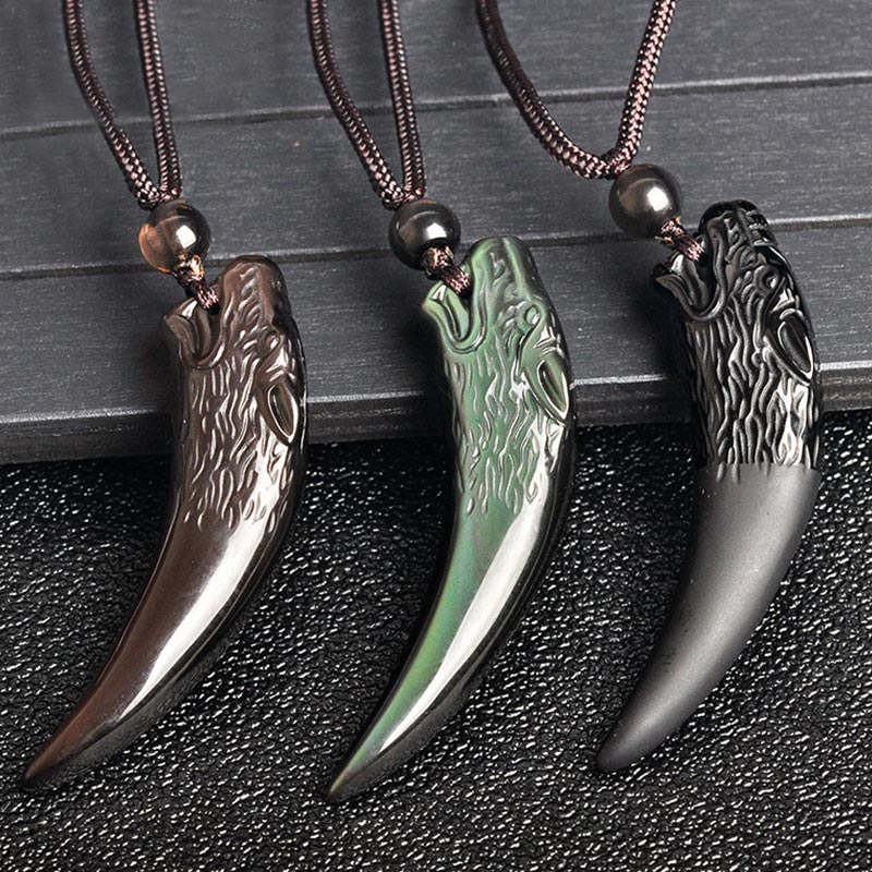 Mythstone Natural Black Obsidian Ice Obsidian Rainbow Obsidian Wolf Tooth Pattern Strength Necklace Pendant